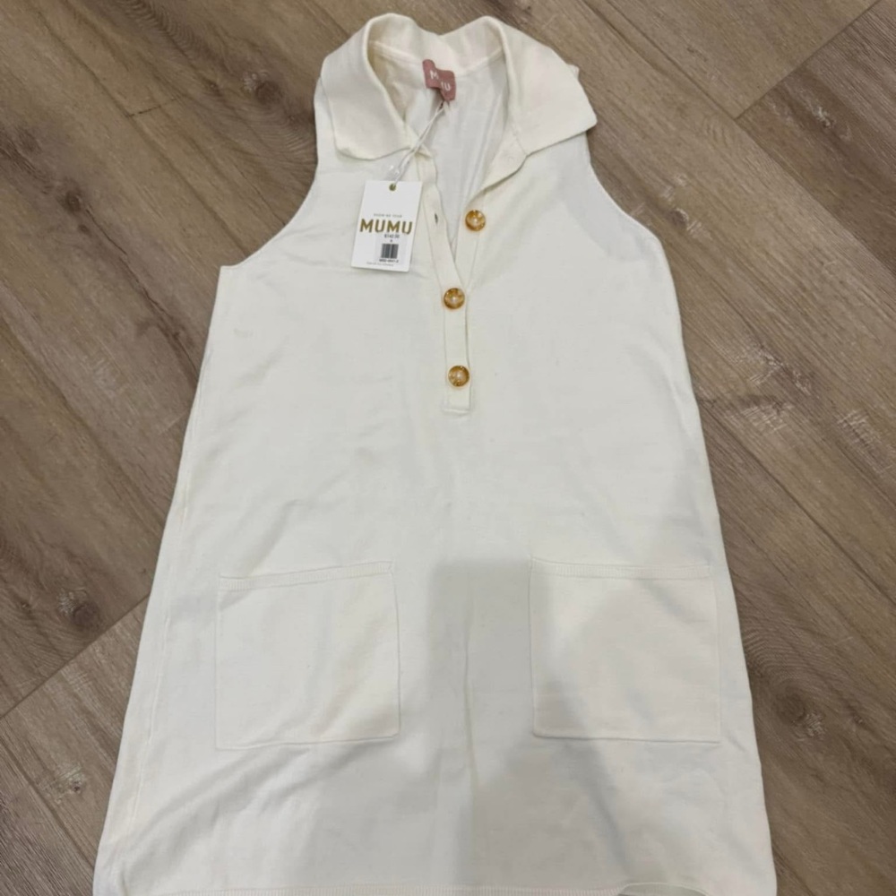 White Sleeveless Dress with Button Detail